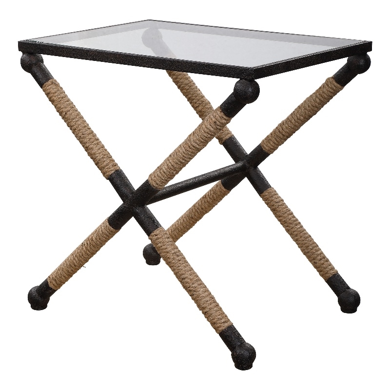 Uttermost Braddock Coastal Iron Glass and Rope Accent Table in Black