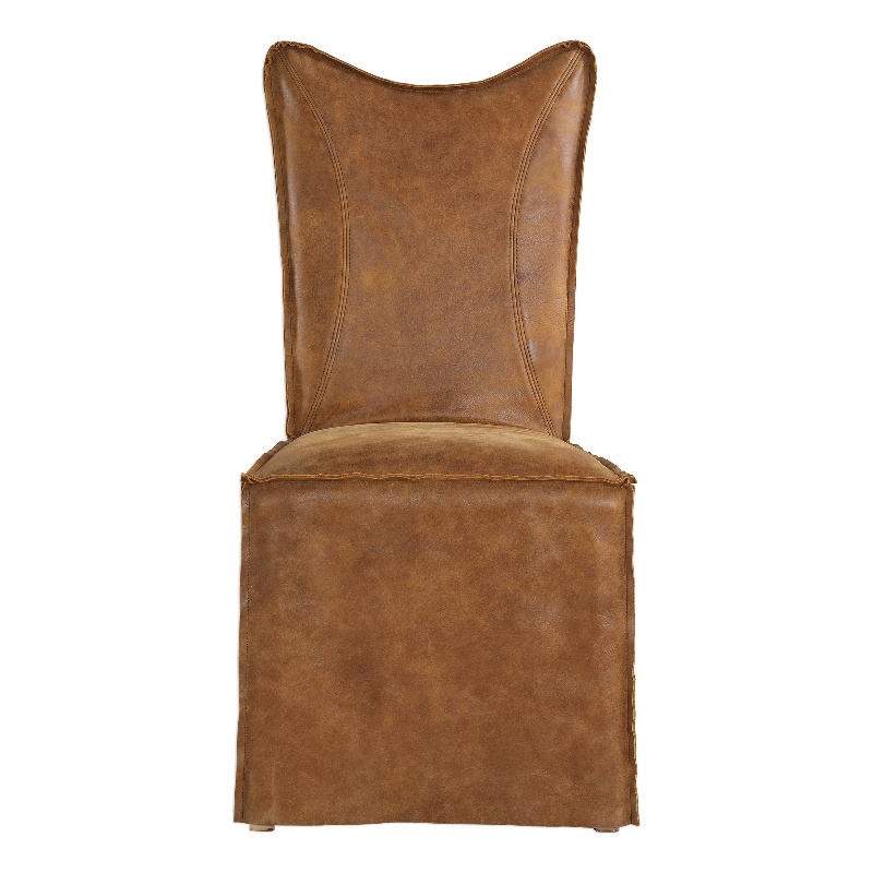 Uttermost Delroy Top Grain Leather Armless Chairs in Cognac Brown (Set of 2)