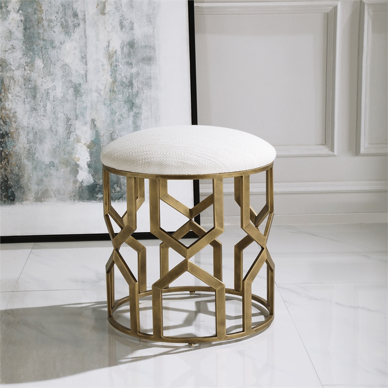 Uttermost Trellis Contemporary Iron MDF and Fabric Accent Stool in Brass/White