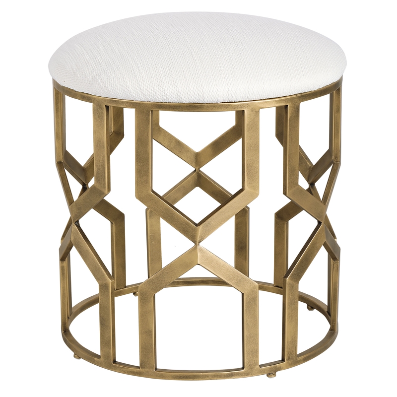 Uttermost Trellis Contemporary Iron MDF and Fabric Accent Stool in Brass/White