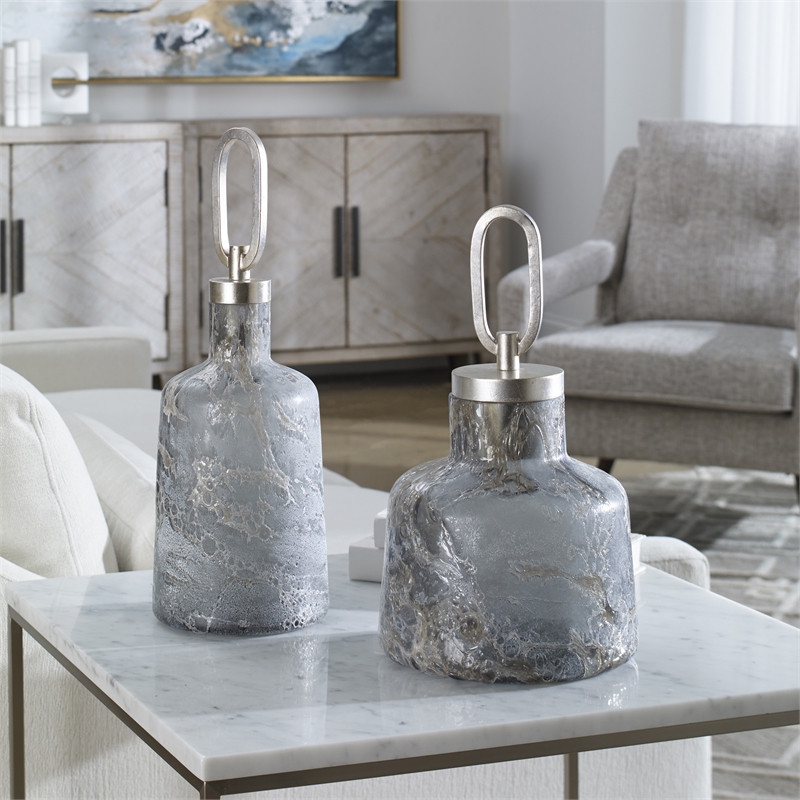Uttermost Storm Contemporary Iron and Glass Bottles in Silver (Set of 2)