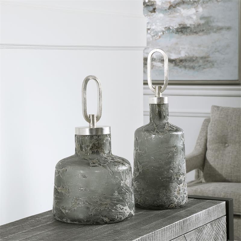 Uttermost Storm Contemporary Iron and Glass Bottles in Silver (Set of 2)