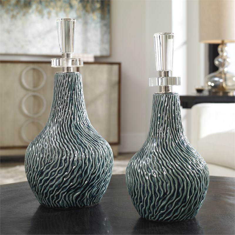 Uttermost Almera Coastal Ceramic and Iron Bottles in Blue (Set of 2)