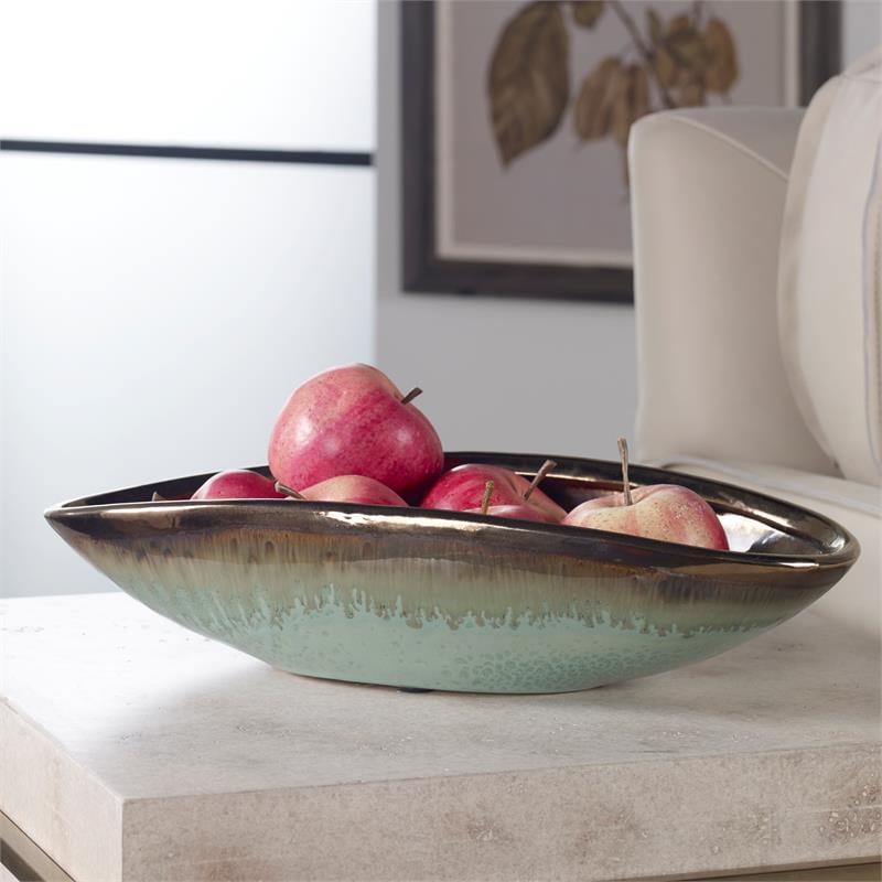 Uttermost Iroquois Transitional Earthenware Bowl in Mint Green/Chocolate Brown