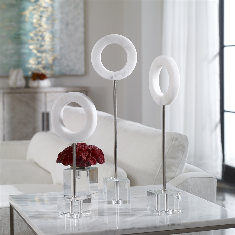 Uttermost Coin Toss Marble Crystal and Iron Rings in White (Set of 3)