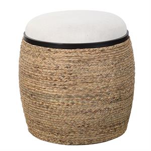 Uttermost Island Coastal MDF and Iron Straw Accent Stool in Black/Beige