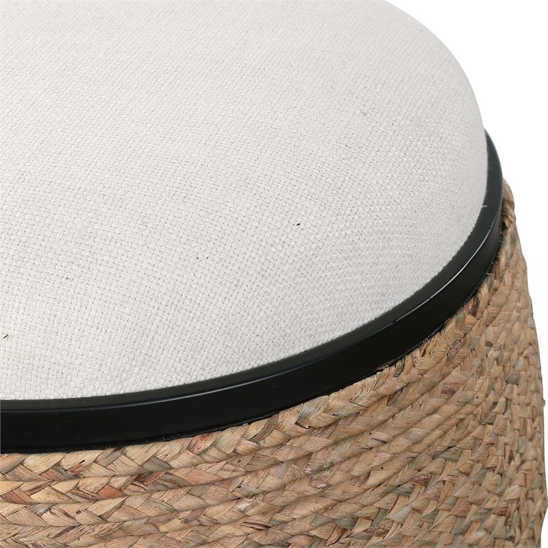 Uttermost Island Coastal MDF and Iron Straw Accent Stool in Black/Beige