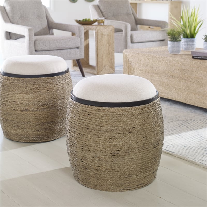Uttermost Island Coastal MDF and Iron Straw Accent Stool in Black/Beige