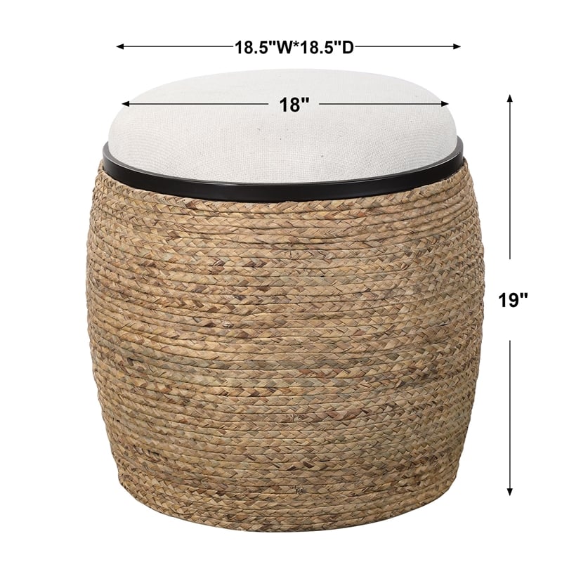 Uttermost Island Coastal MDF and Iron Straw Accent Stool in Black/Beige