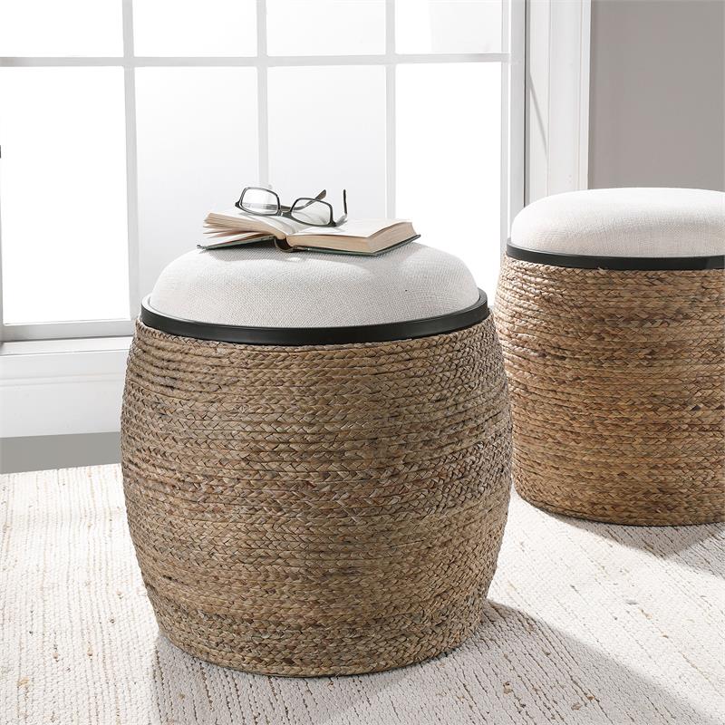 Uttermost Island Coastal MDF and Iron Straw Accent Stool in Black/Beige