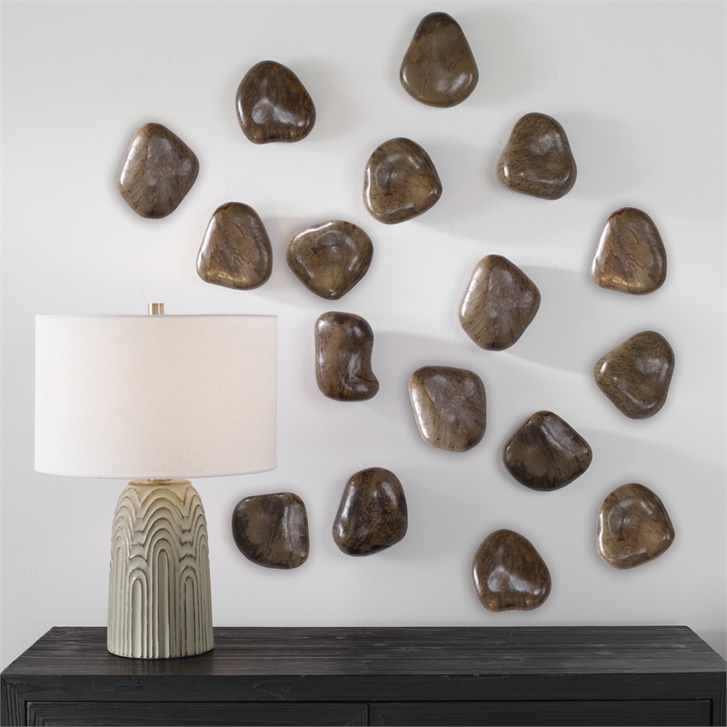 Uttermost Pebbles Contemporary Wood Wall Decor in Walnut (Set of 9)