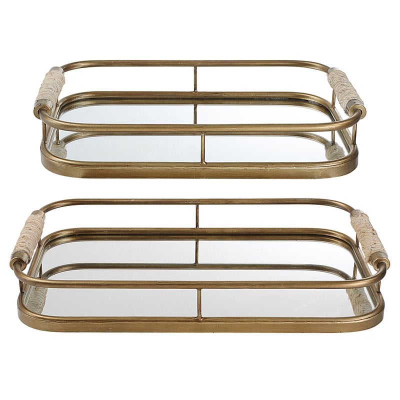 Uttermost Rosea Coastal Metal MDF and Rope Trays in Brushed Gold (Set of 2)