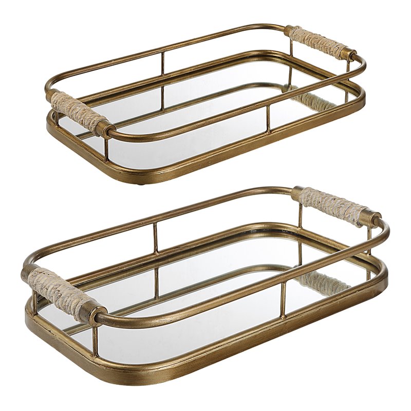 Uttermost Rosea Coastal Metal MDF and Rope Trays in Brushed Gold (Set of 2)