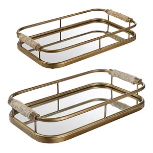 uttermost rosea coastal metal mdf and rope trays in brushed gold (set of 2)