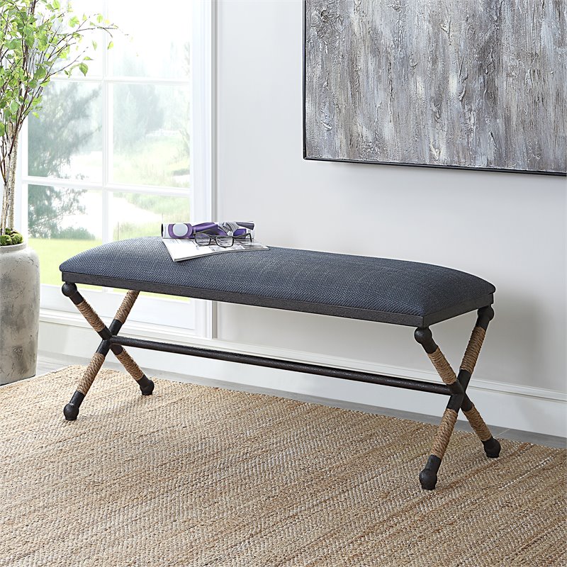 Uttermost Firth Coastal Iron MDF and Fabric Bench in Natural/Navy Blue