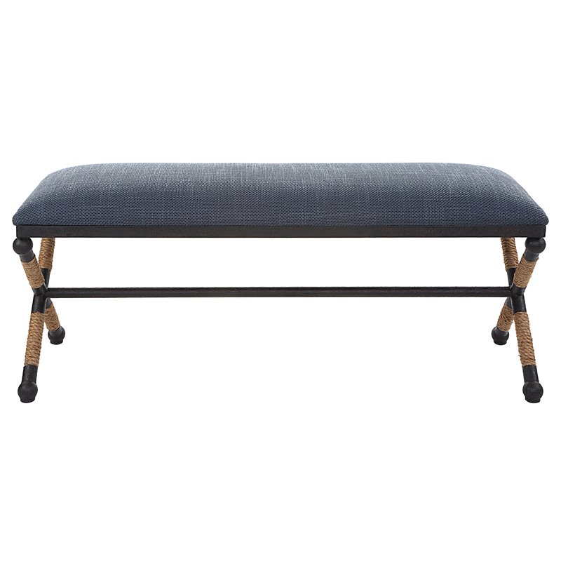 Uttermost Firth Coastal Iron MDF and Fabric Bench in Natural/Navy Blue
