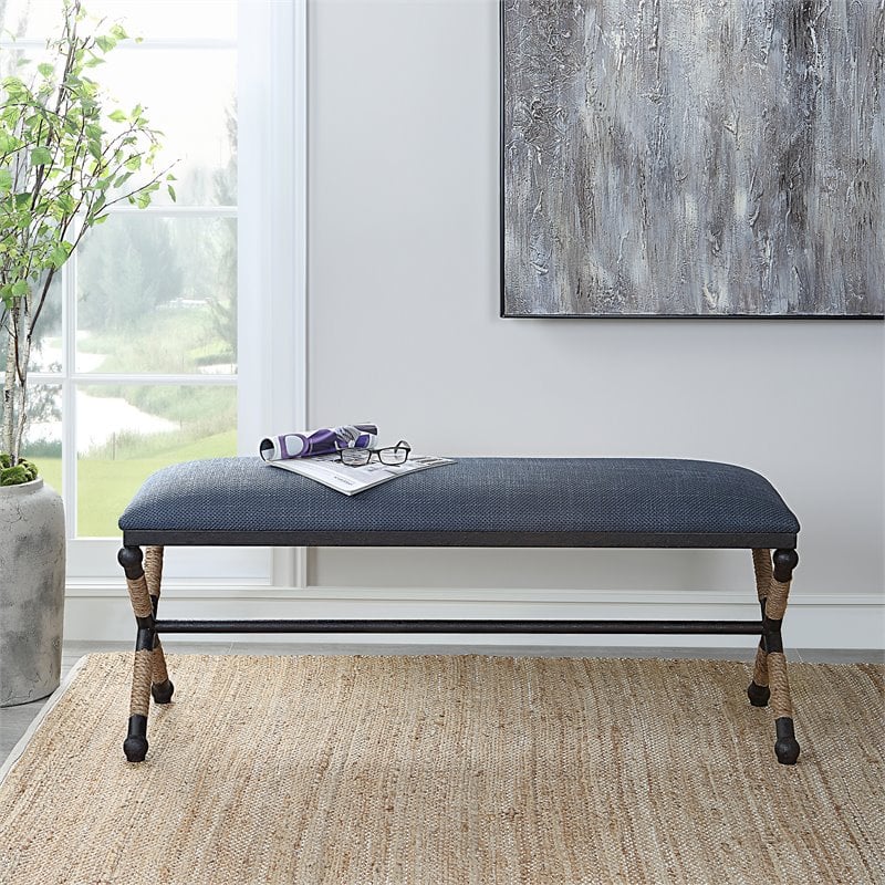 Uttermost Firth Coastal Iron MDF and Fabric Bench in Natural/Navy Blue