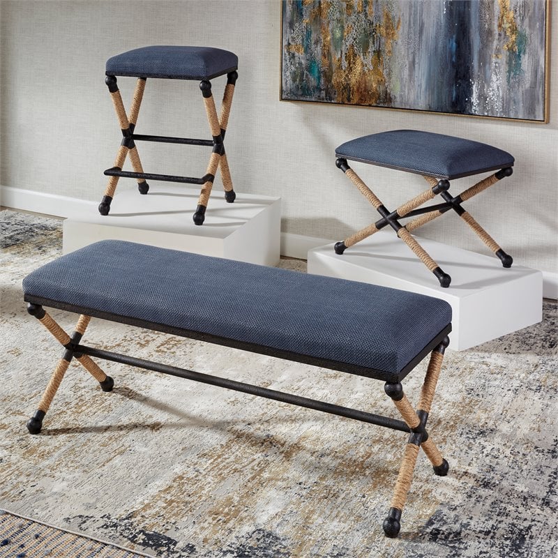 Uttermost Firth Coastal Iron MDF and Fabric Bench in Natural/Navy Blue