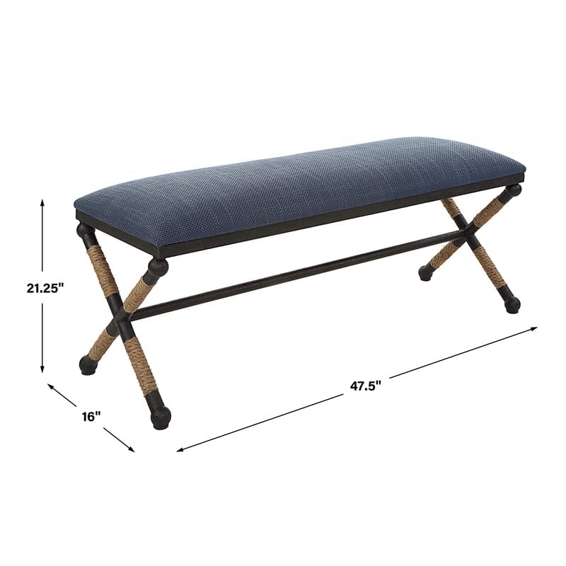 Uttermost Firth Coastal Iron MDF and Fabric Bench in Natural/Navy Blue