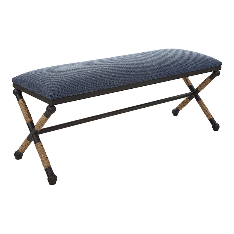 Uttermost Firth Coastal Iron MDF and Fabric Bench in Natural/Navy Blue