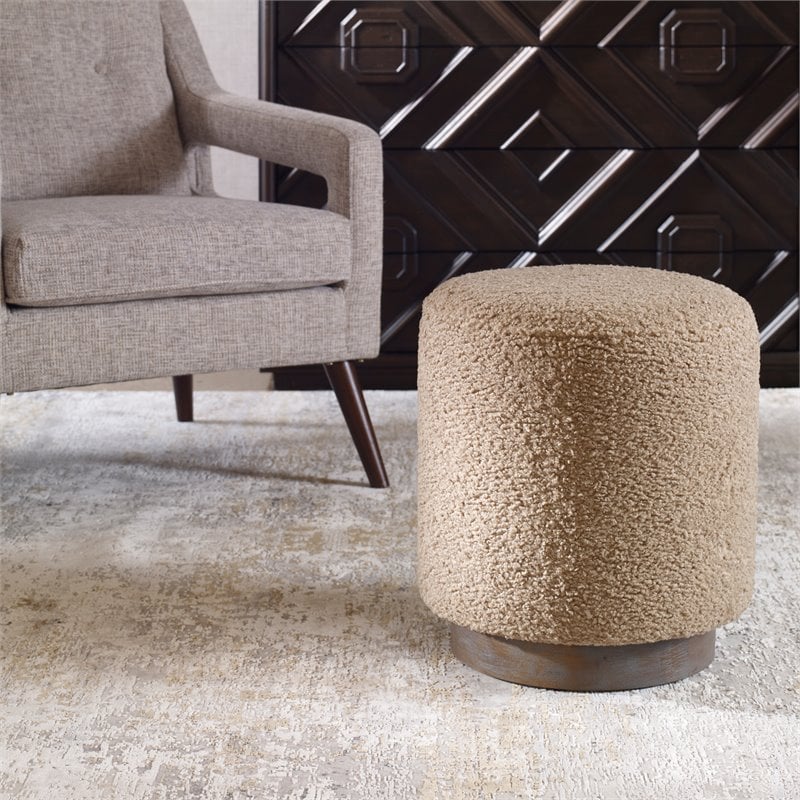 Uttermost Avila Round Contemporary Wood and Fabric Ottoman in Natural Walnut