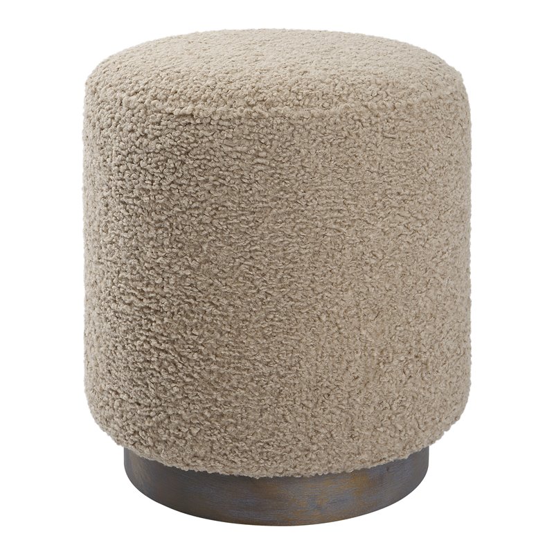 Uttermost Avila Round Contemporary Wood and Fabric Ottoman in Natural Walnut