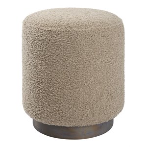 Uttermost Avila Round Contemporary Wood and Fabric Ottoman in Natural Walnut