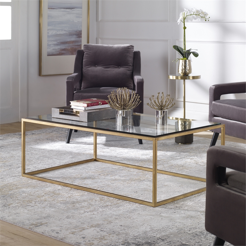 Uttermost Bravura Contemporary Iron and Tempered Glass Coffee Table in Gold