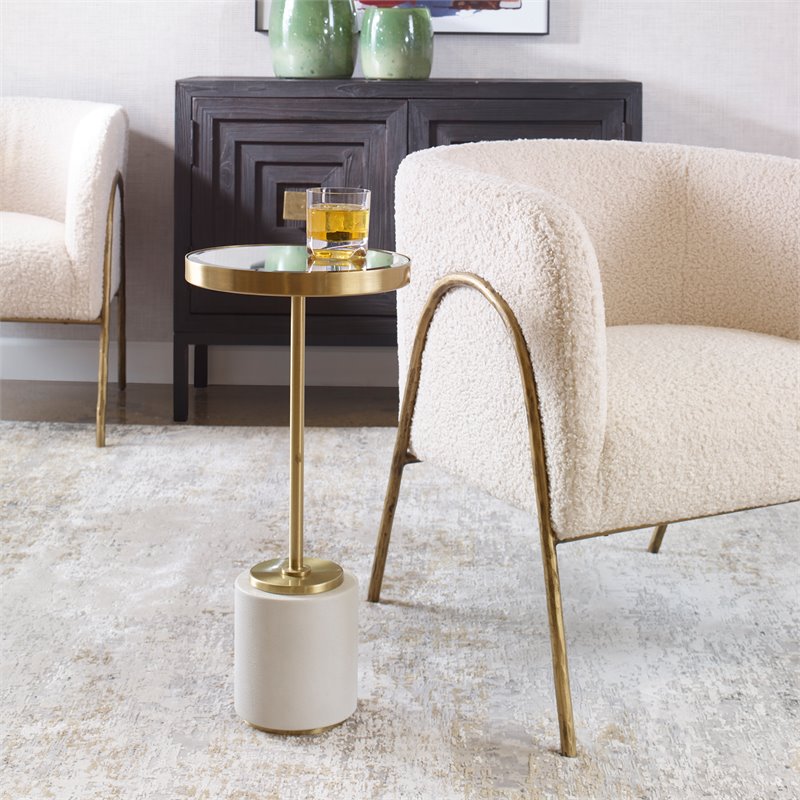 Uttermost Laurier Faux Shagreen Steel and Marble Drink Table in Brass and White