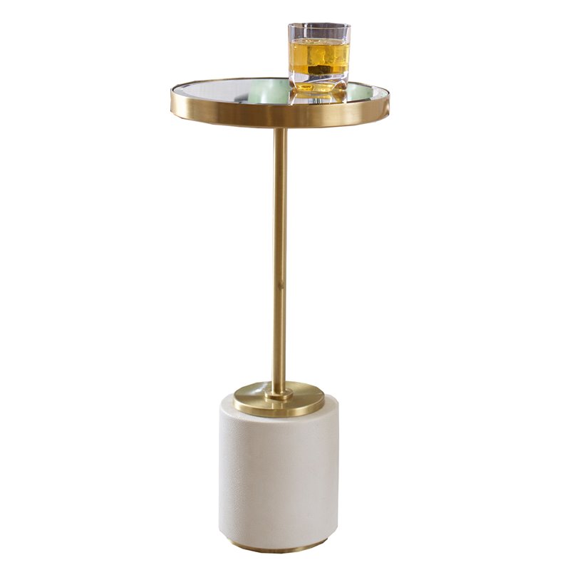 Uttermost Laurier Faux Shagreen Steel and Marble Drink Table in Brass and White
