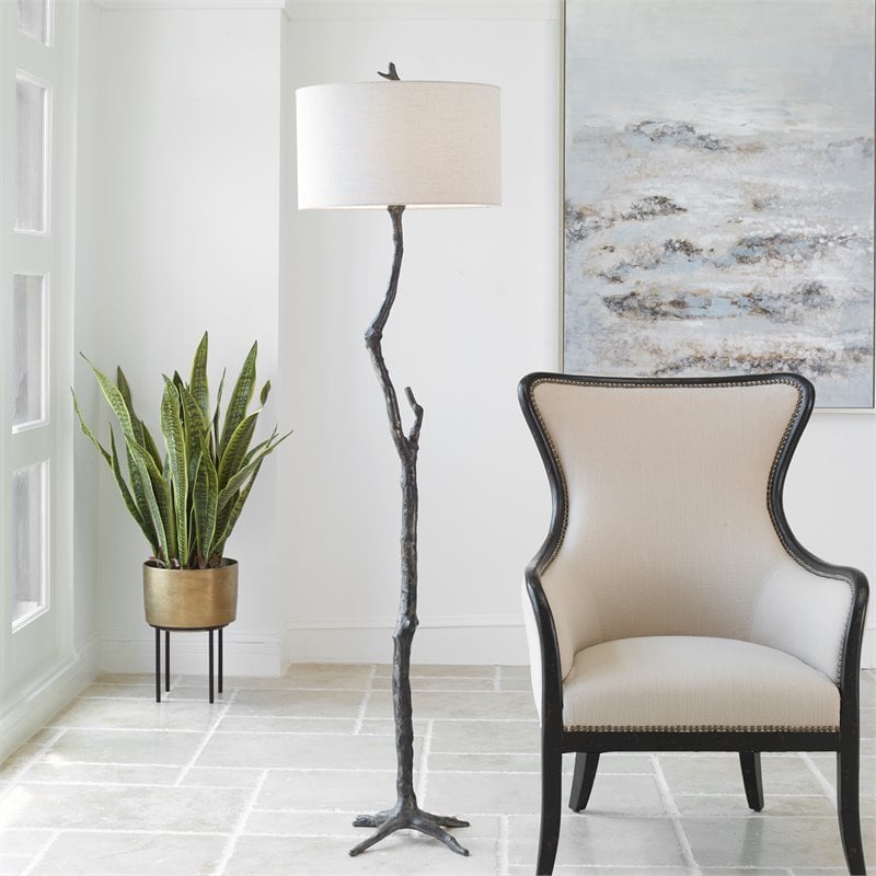 Uttermost Spruce Transitional Cast Iron and Fabric Floor Lamp in Black/Silver