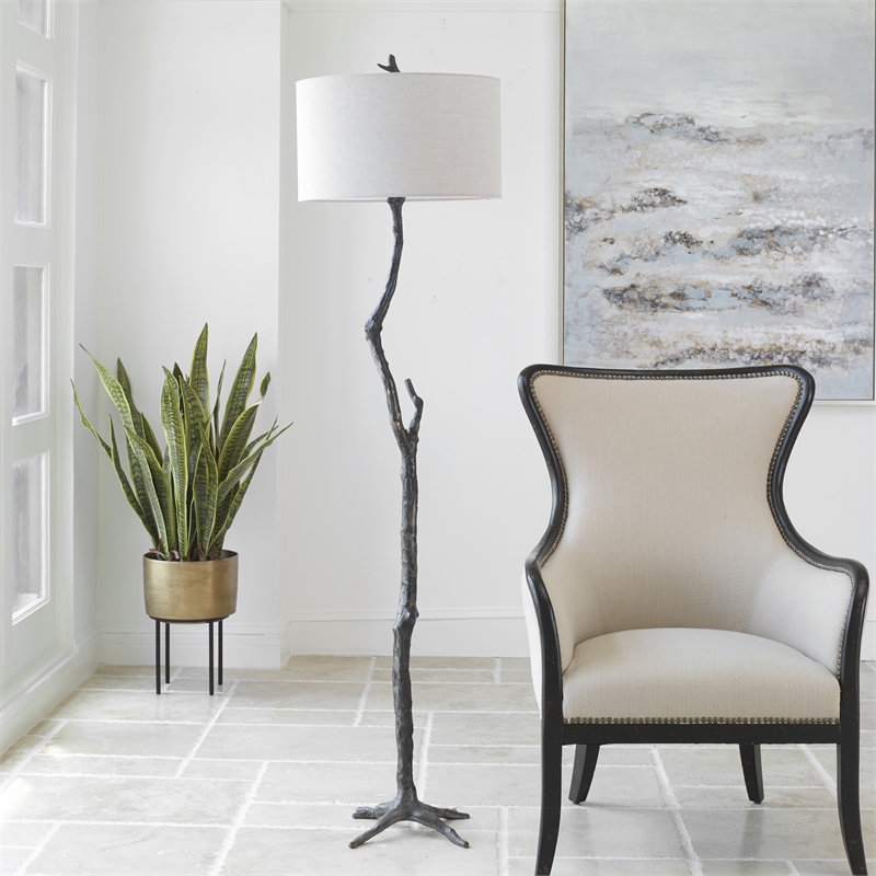 Uttermost Spruce Transitional Cast Iron and Fabric Floor Lamp in Black/Silver