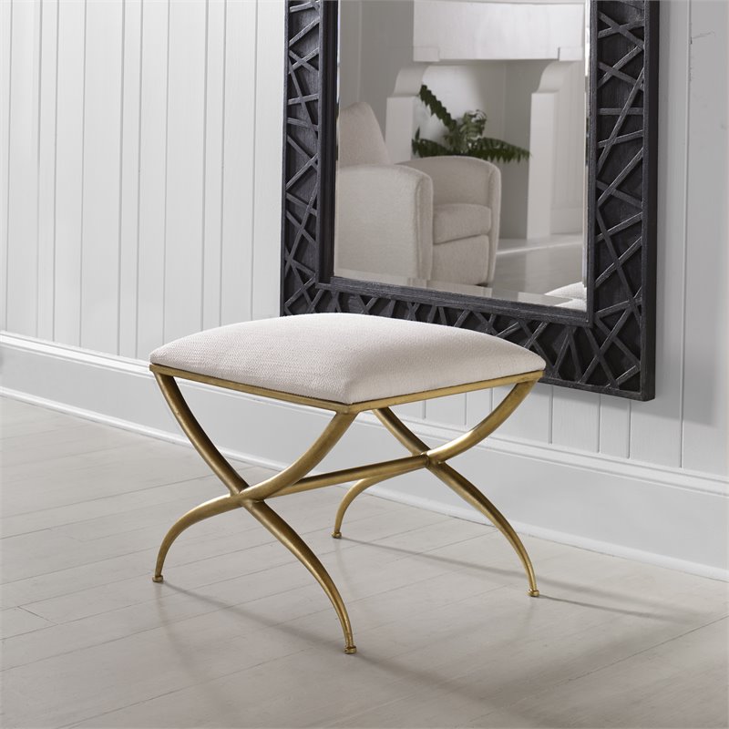 Uttermost Crossing Contemporary Iron and Fabric Small Bench in White/Gold