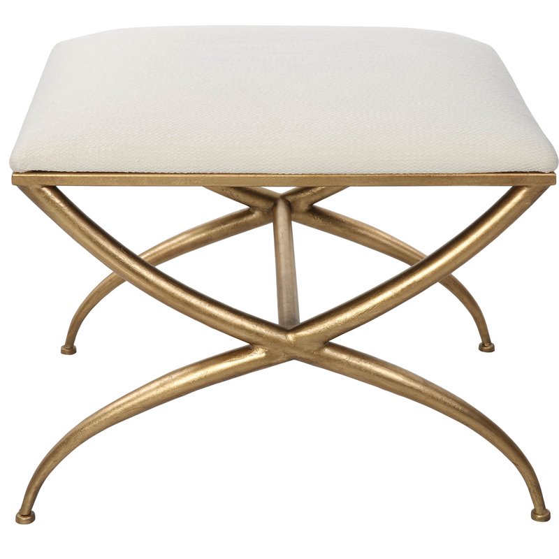 Uttermost Crossing Contemporary Iron and Fabric Small Bench in White/Gold