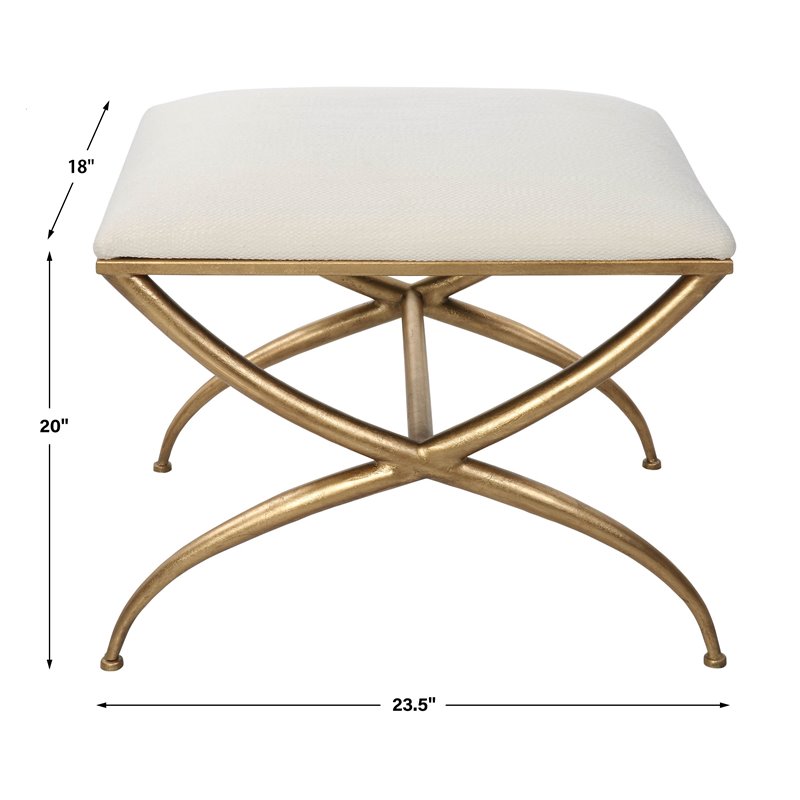 Uttermost Crossing Contemporary Iron and Fabric Small Bench in White/Gold