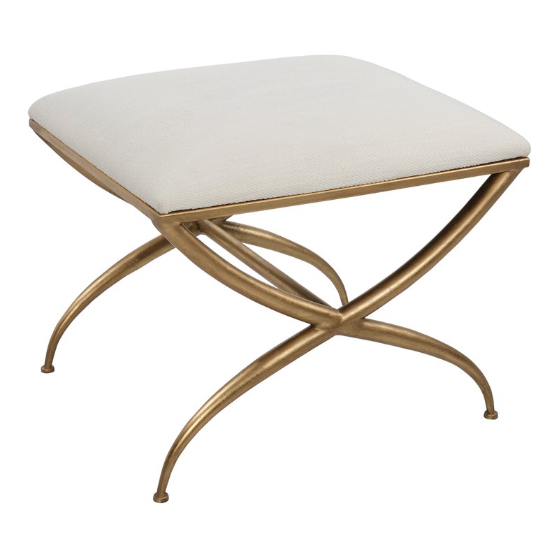 Uttermost Crossing Contemporary Iron and Fabric Small Bench in White/Gold