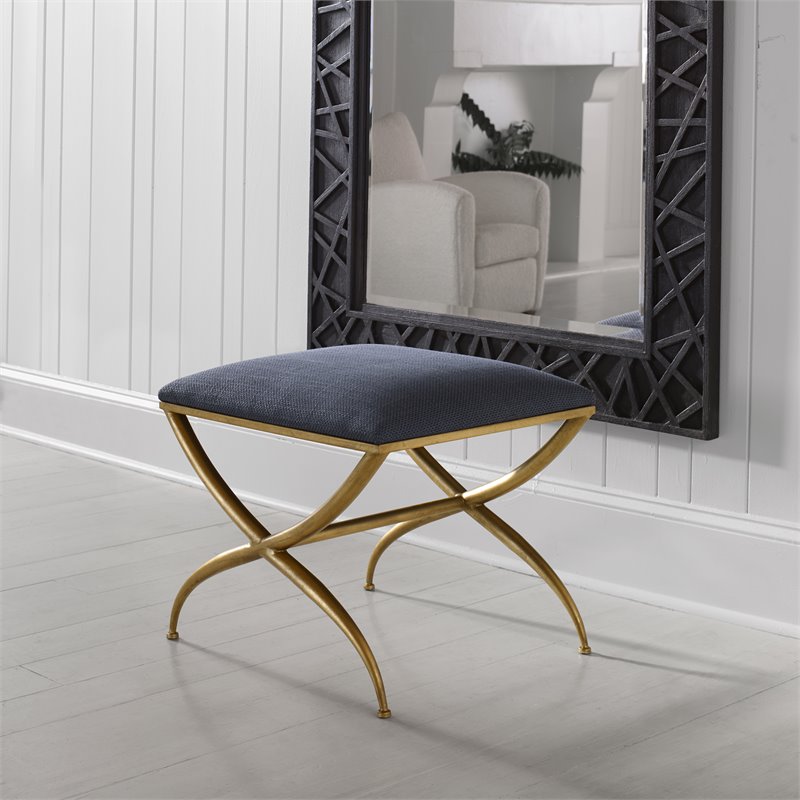 Uttermost Crossing Contemporary Iron and Fabric Small Bench in Navy Blue/Gold