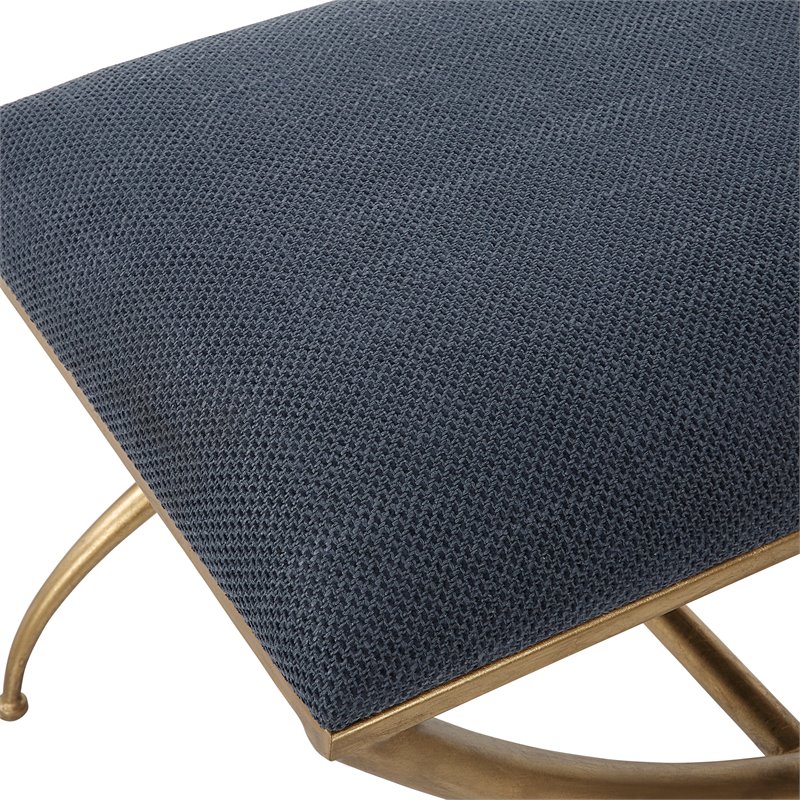 Uttermost Crossing Contemporary Iron and Fabric Small Bench in Navy Blue/Gold
