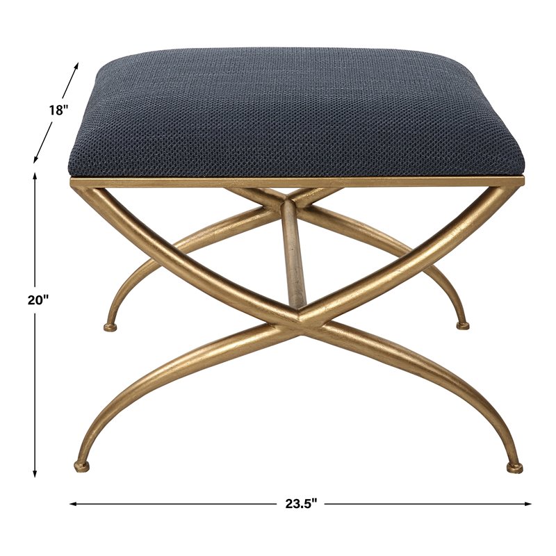 Uttermost Crossing Contemporary Iron and Fabric Small Bench in Navy Blue/Gold