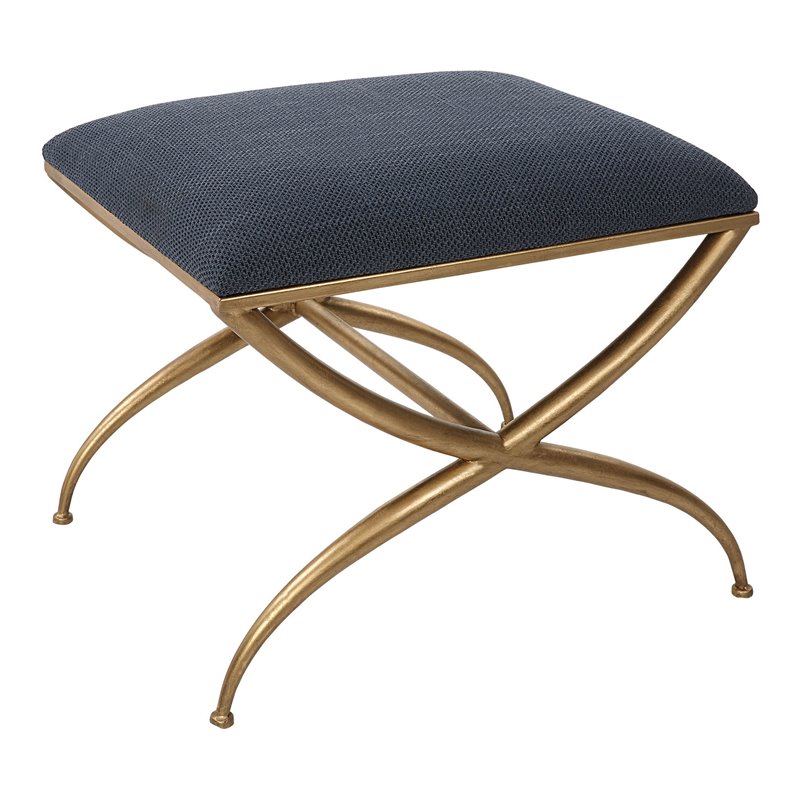 Uttermost Crossing Contemporary Iron and Fabric Small Bench in Navy Blue/Gold