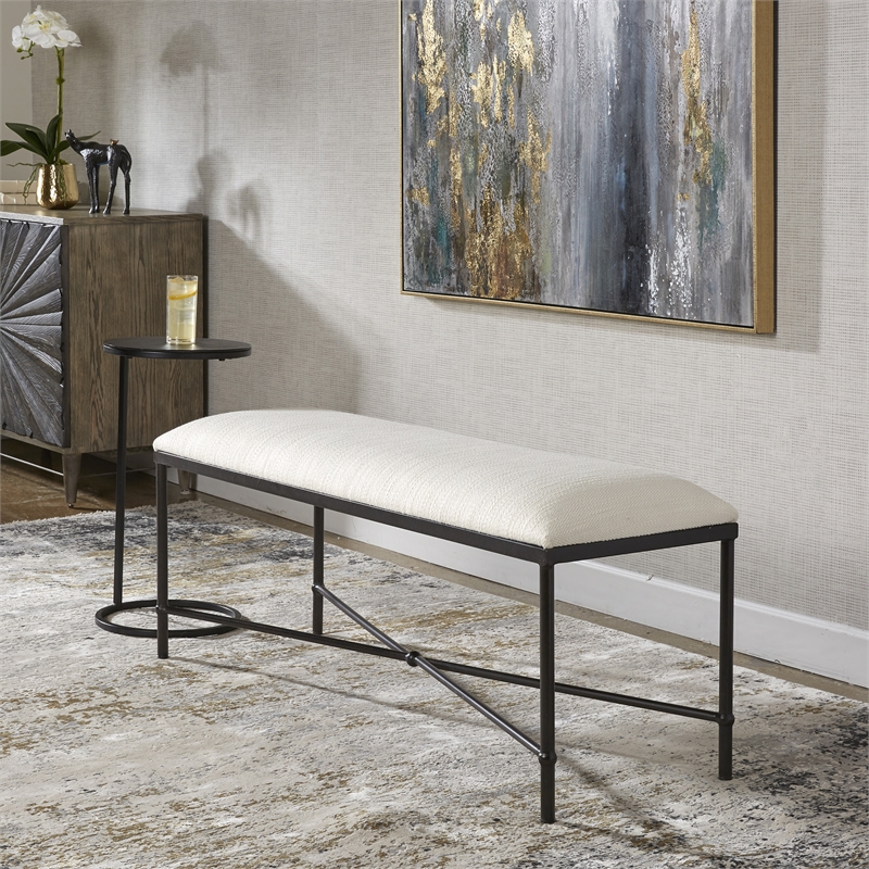 Uttermost Avenham Contemporary Iron and Fabric Bench in White/ Black