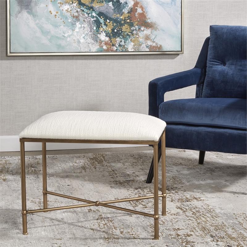 Uttermost Avenham Contemporary Iron and Fabric Small Bench - Antique Gold/ White