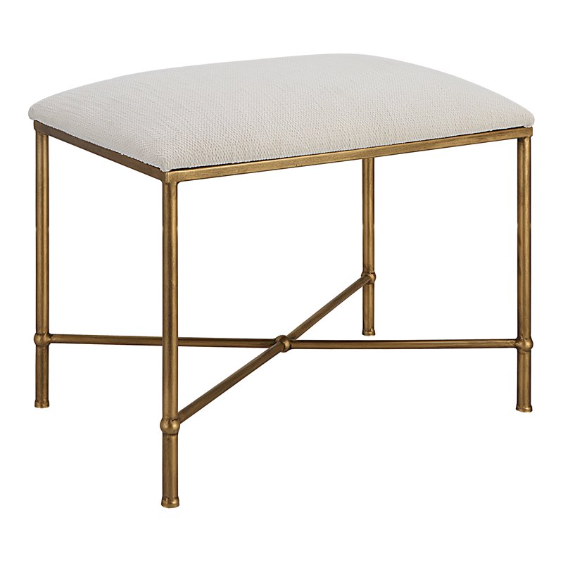 Uttermost Avenham Contemporary Iron and Fabric Small Bench - Antique Gold/ White