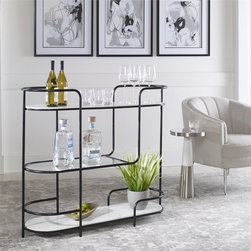 Uttermost Trolley Bar Tempered Glass and Marble Console in White/Satin Black