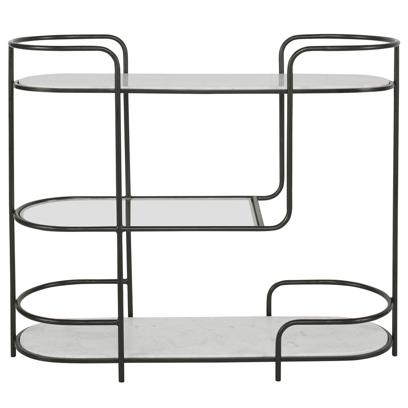 Uttermost Trolley Bar Tempered Glass and Marble Console in White/Satin Black