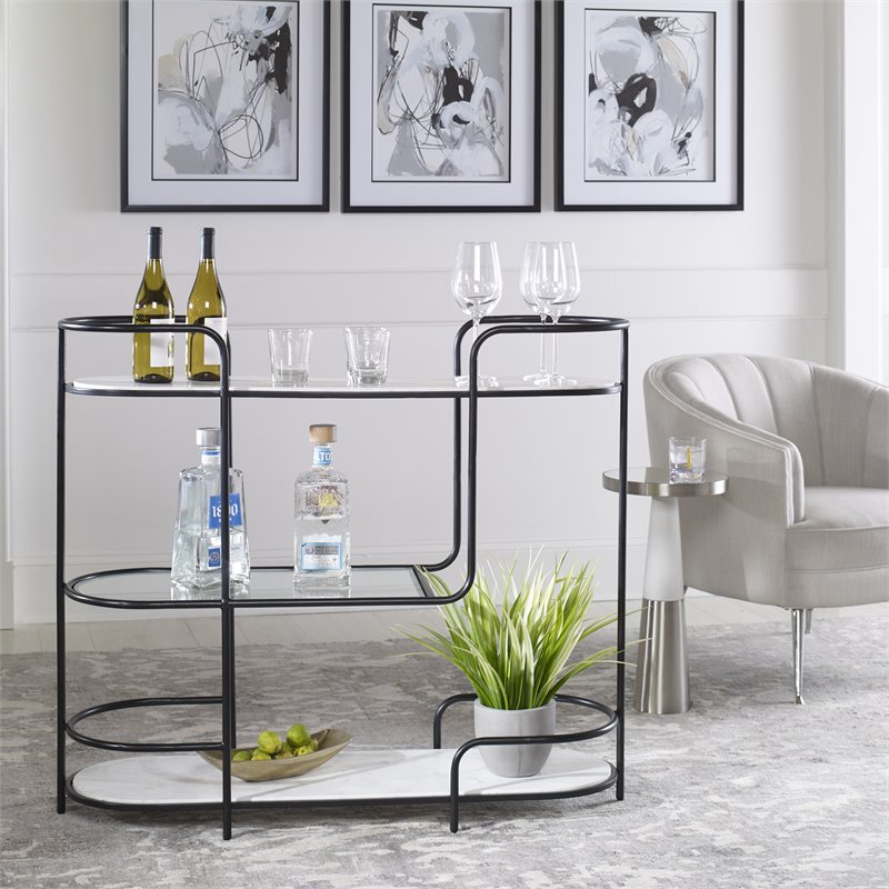 Uttermost Trolley Bar Tempered Glass and Marble Console in White/Satin Black