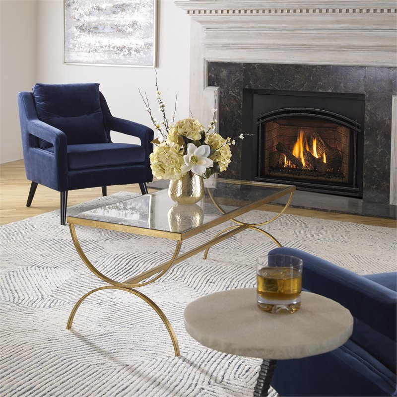 Uttermost Crescent Iron and Tempered Glass Coffee Table in Antique Gold