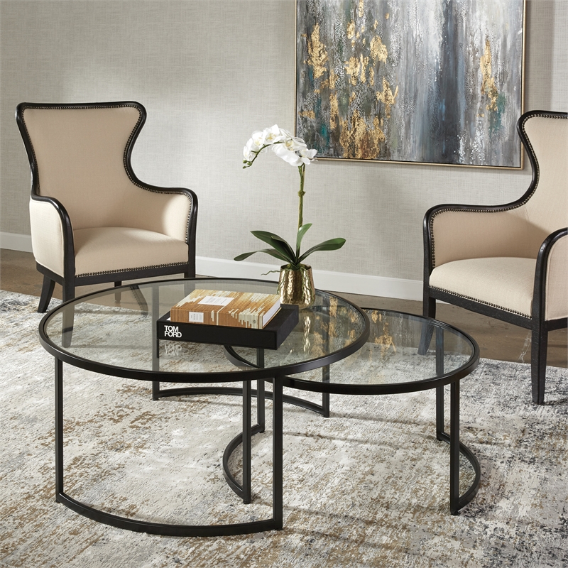 Uttermost Rhea Iron and Tempered Glass Nesting Coffee Tables in Black (Set of 2)