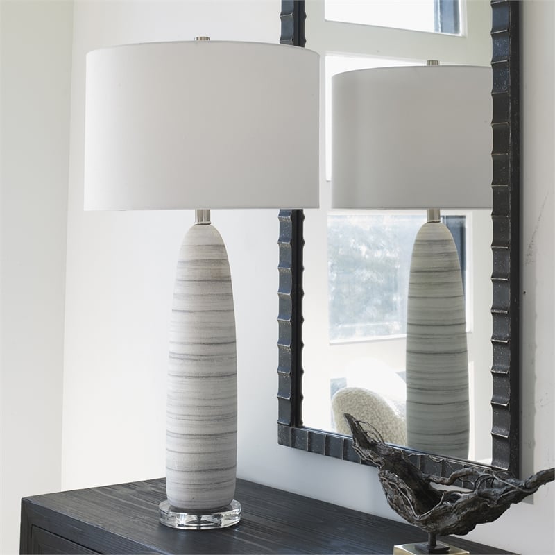 Uttermost Levadia Contemporary Fabric and Metal Table Lamp in Matte White/Gray