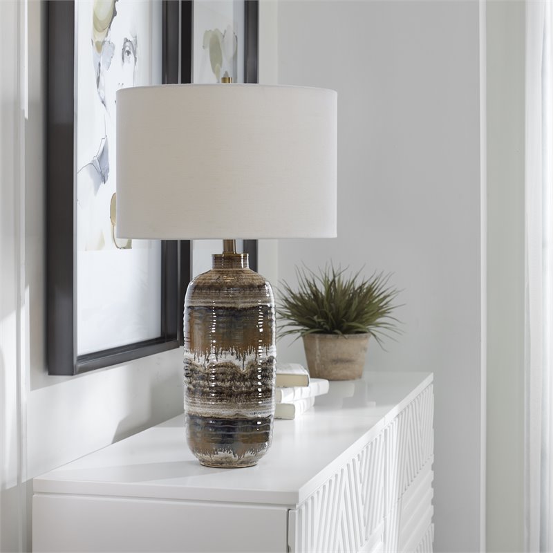 Uttermost Roan Farmhouse Ceramic Fabric and Metal Table Lamp in White/Charcoal